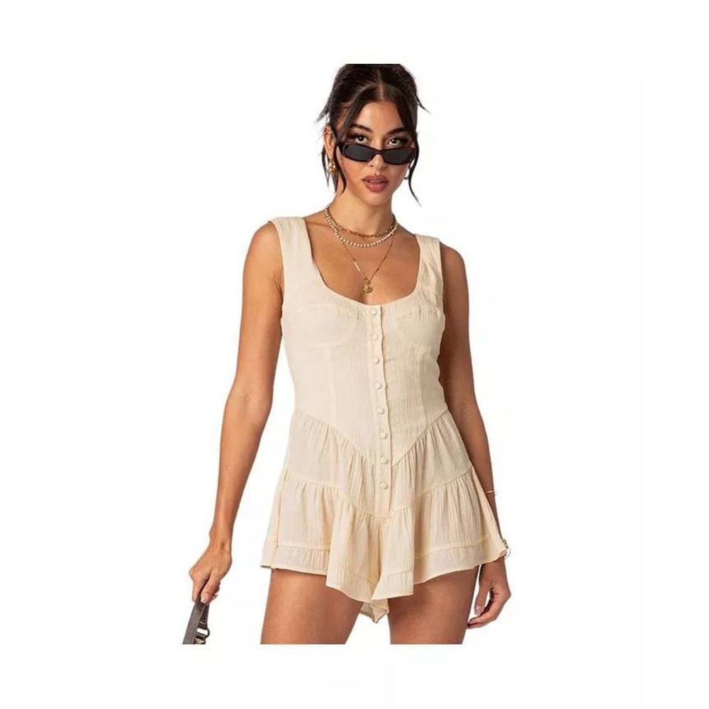 NWT Edikted Veronica Textured Romper Beige Size M